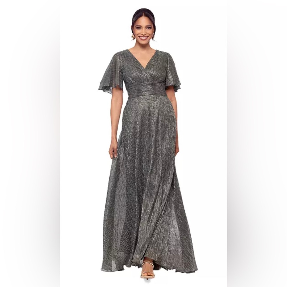 Betsy & Adam Women's Silver Metallic V-Neck Flutter Sleeve A-Line Dress Size 6
